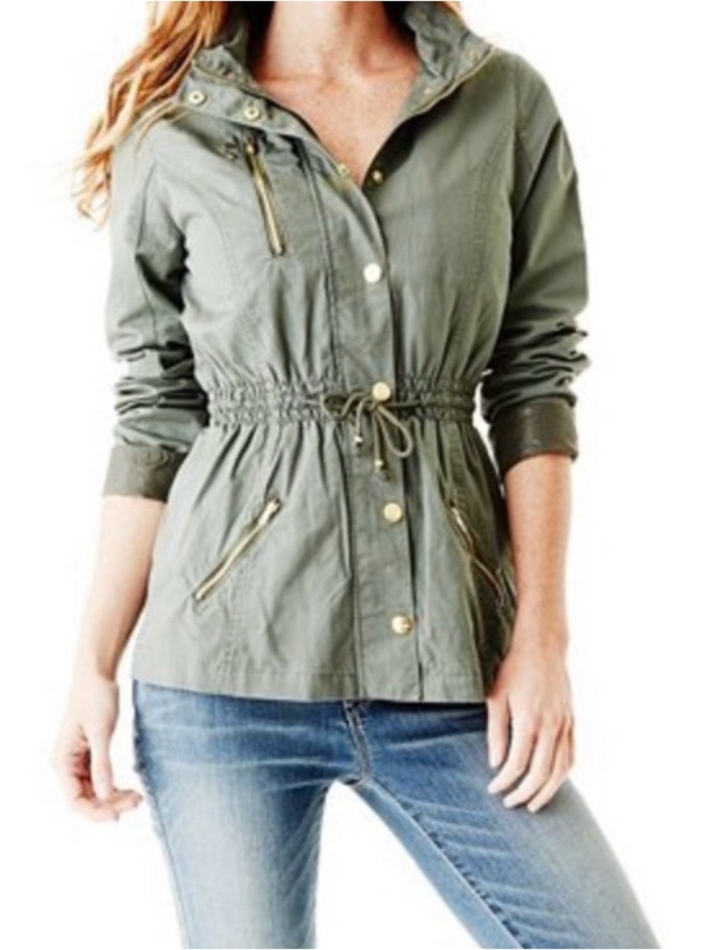 Guess Hooded Olive Drawstring Anorak Jacket - Women